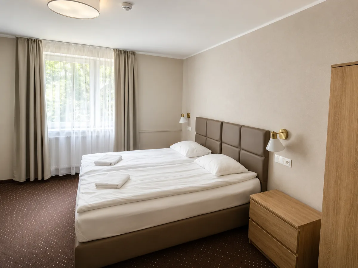 Pokój dwuosobowy w Hotelu Gracja z wygodnym łóżkiem podwójnym i prostym wnętrzem